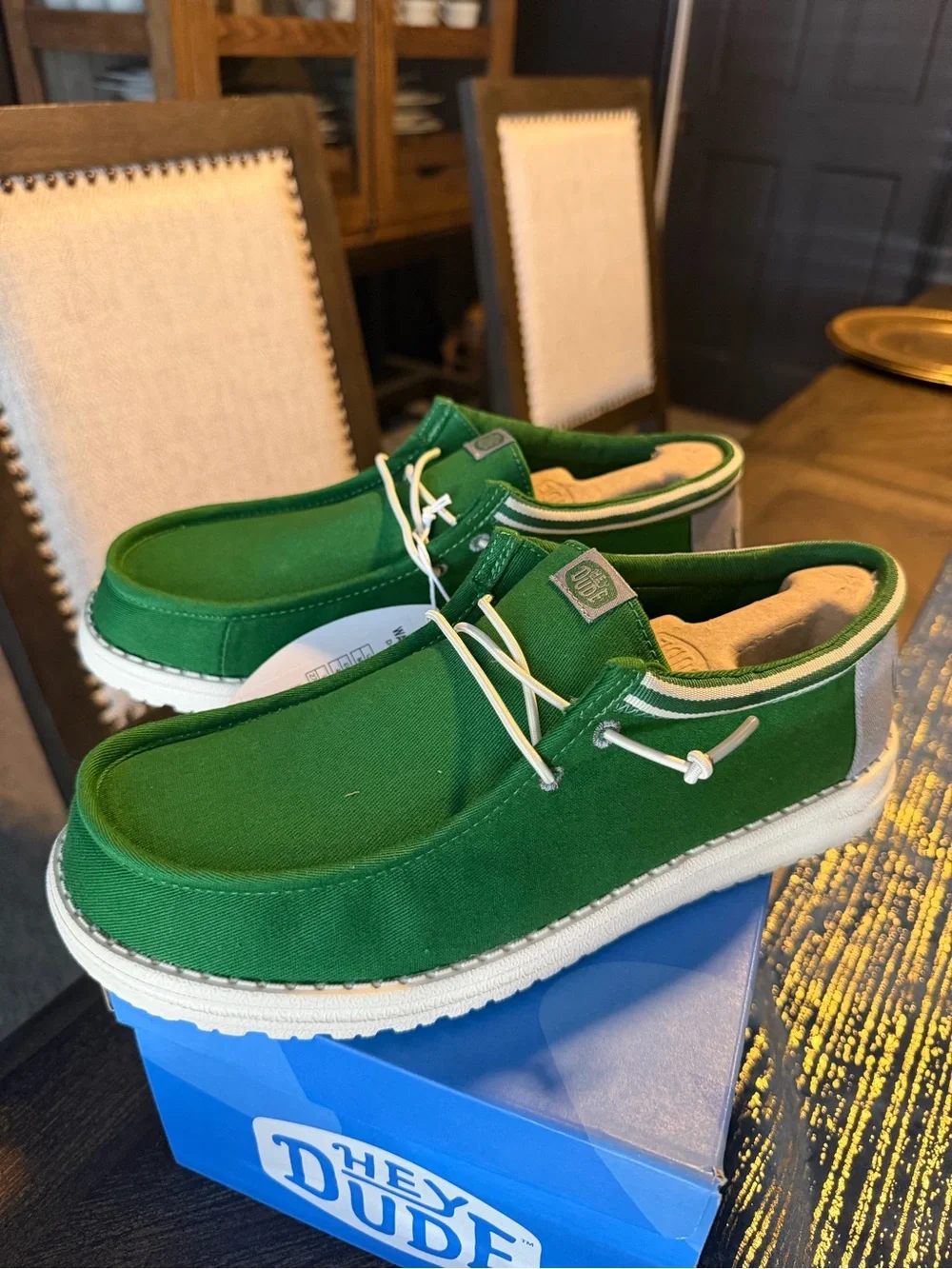 Hey Dude Green Canvas Slip-On Boat Shoes with Gray Heel